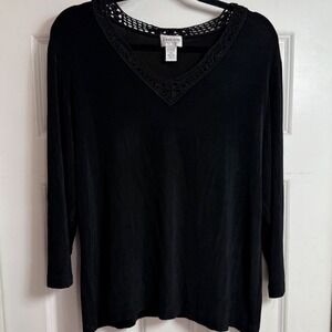 Vtg Chicos Travelers Black V Neck Crochet Trim 3/4‎ Sleeve Top Size XL Slinky